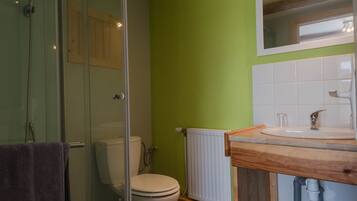 A bathroom with a glass shower enclosure, a toilet, and a sink with a wooden countertop.