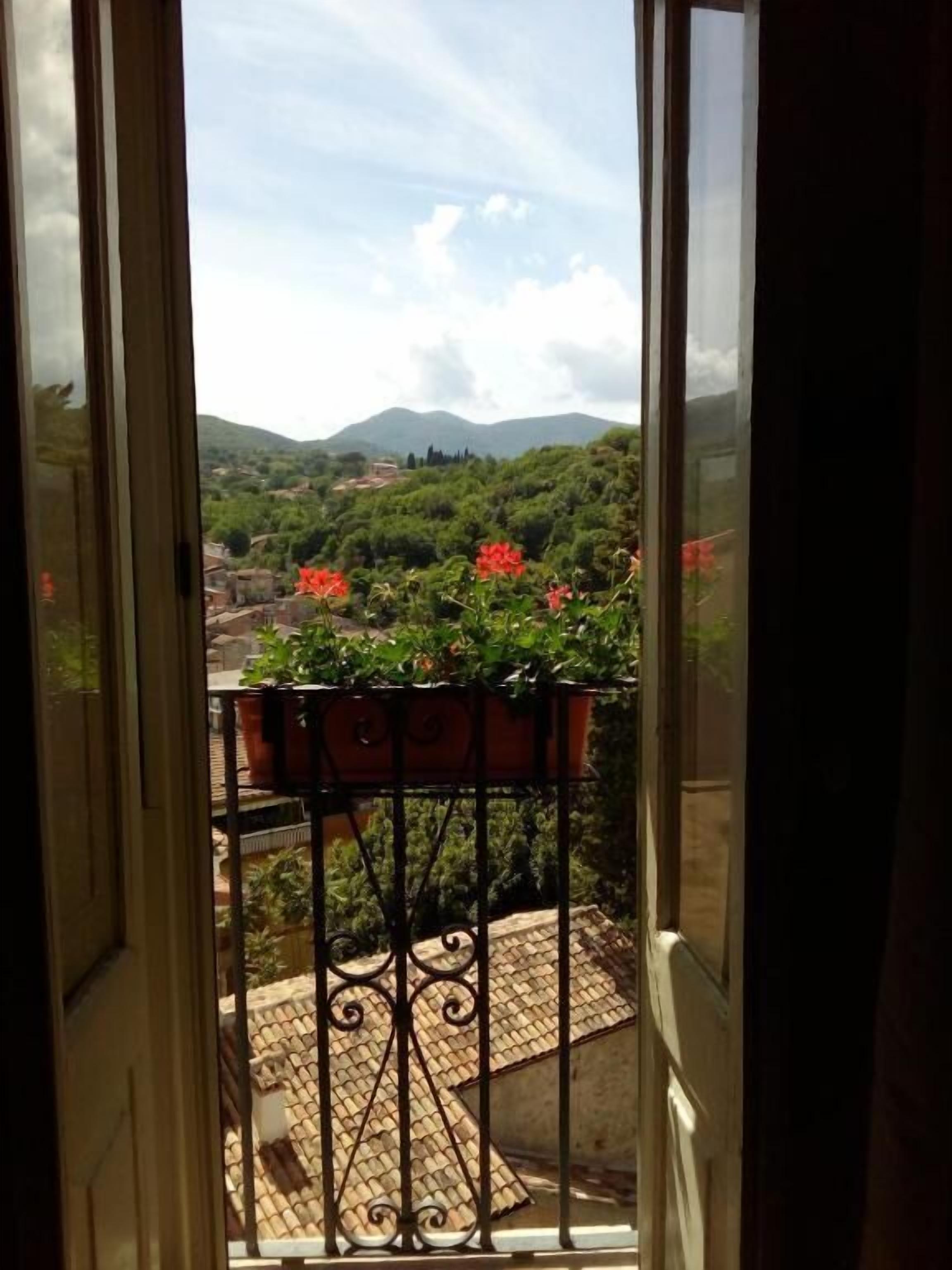 Un balcón con vistas a un paisaje montañoso y un jardín con flores rojas.