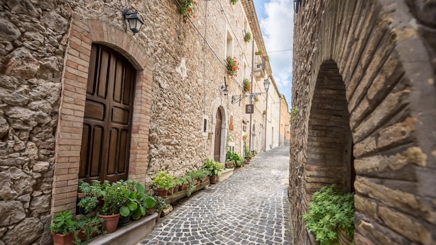 A narrow cobblestone street flanked by stone buildings with arched doorways and potted plants. - Nena' al Borgo Castello (Pico)