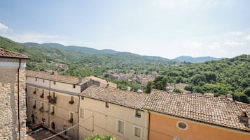 Vista de uma cidade com edifícios de telhado em terracota e colinas verdejantes ao fundo.