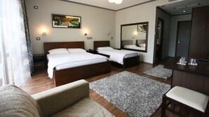 Habitación de hotel con dos camas, un espejo grande, un escritorio y vistas al exterior.