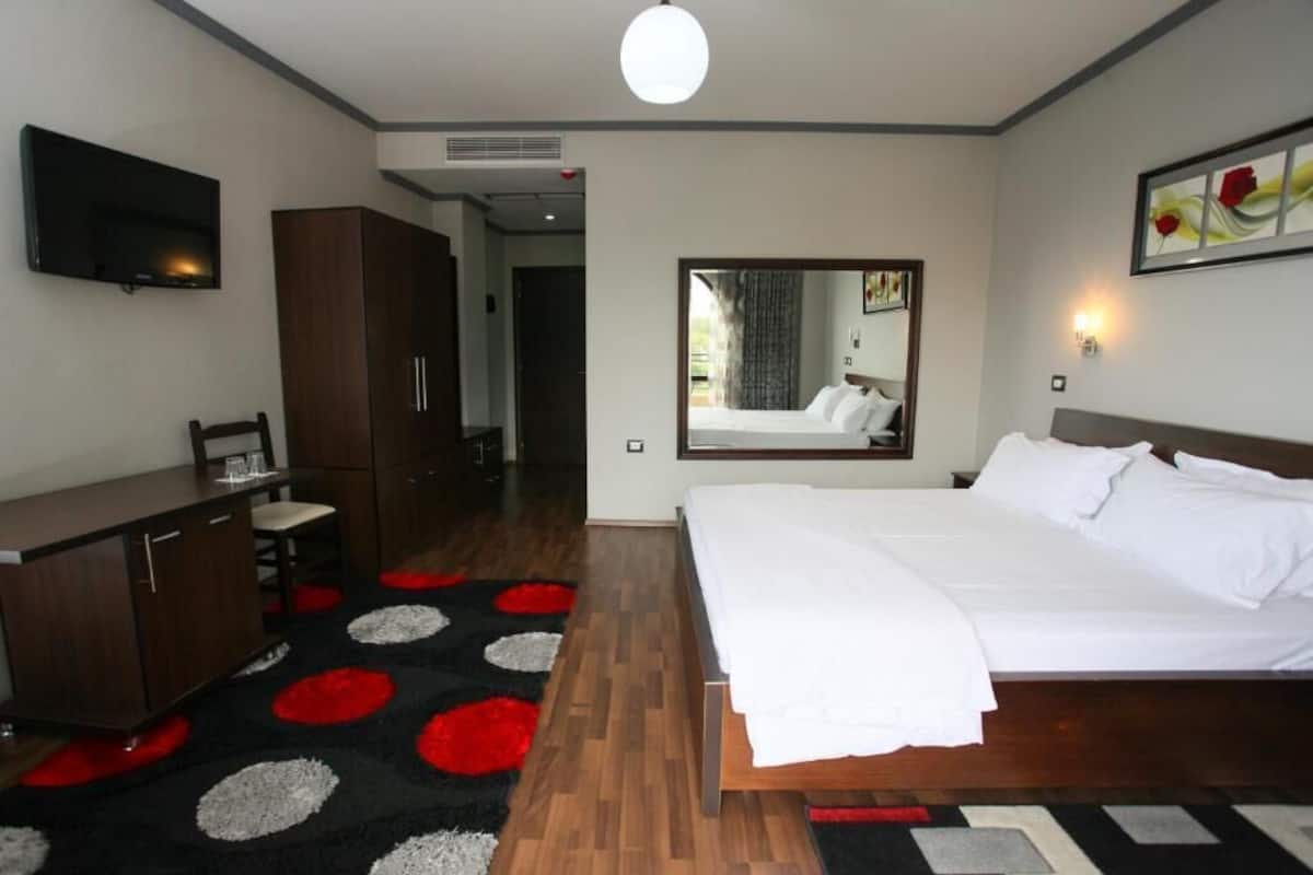 A hotel room with a bed, a desk, a chair, a TV, a mirror, and a red and black patterned carpet.
