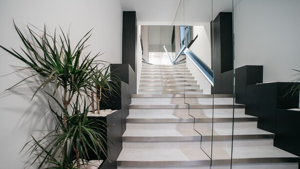 A modern staircase with a glass railing, surrounded by minimalist decor and plants. - D'Autor Apartments (Porto)