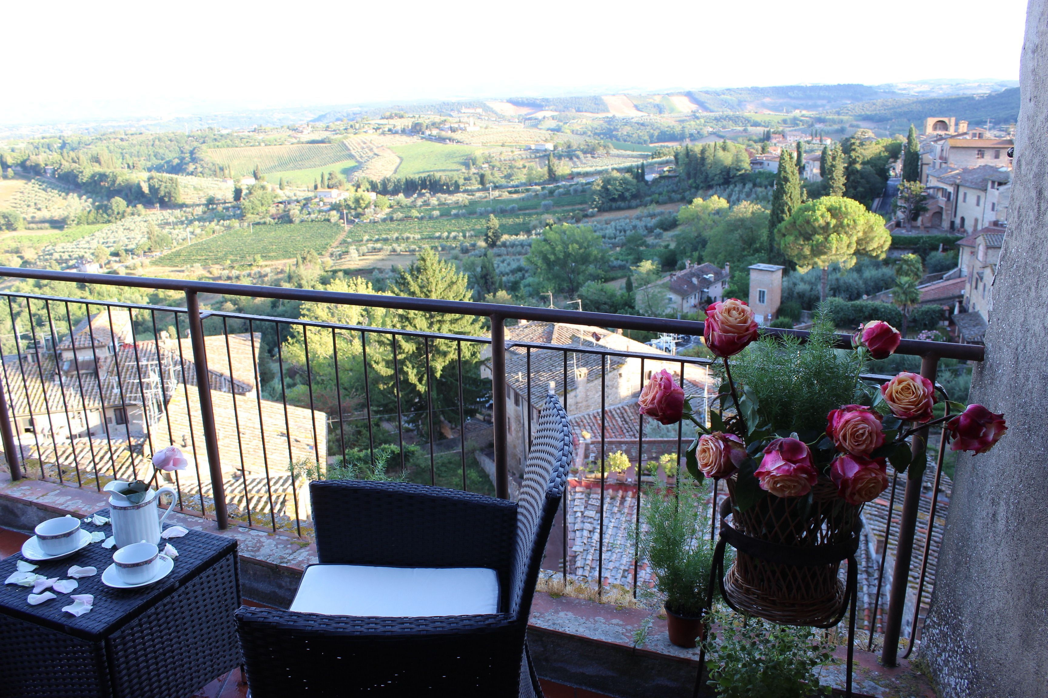 A balcony with wicker furniture, a table with plates and a pitcher, and a hanging basket of roses.