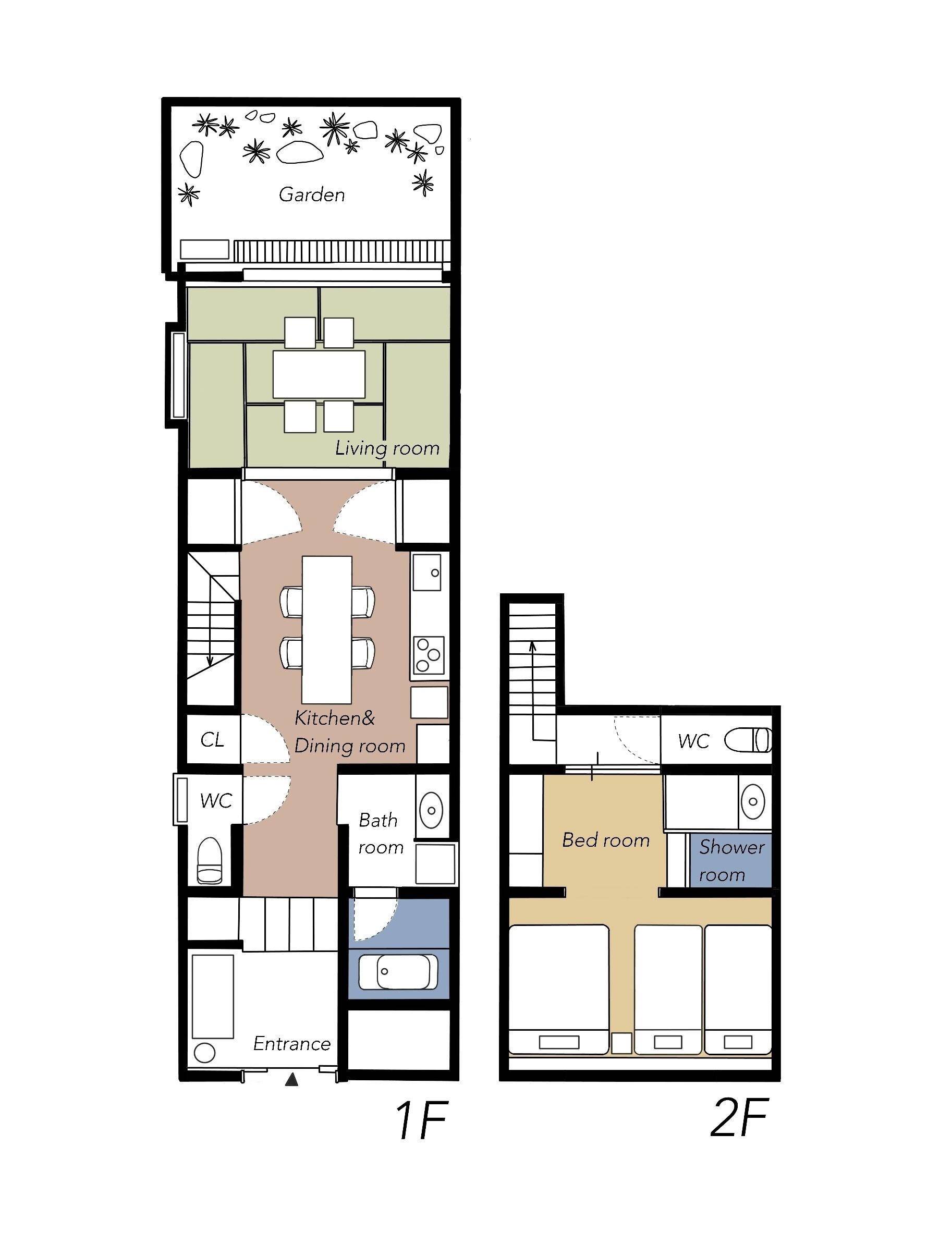 A floor plan of a 1-bedroom apartment with a living room, kitchen, dining area, bathroom, and entrance.
