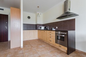 Apartamento premium, 1 quarto, sacada (Plaza) | Cozinha privada | Geladeira, micro-ondas, cooktop, chaleira elétrica