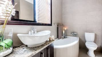 Deluxe Room (Quadruple) | Bathroom | Hair dryer, towels, soap, shampoo