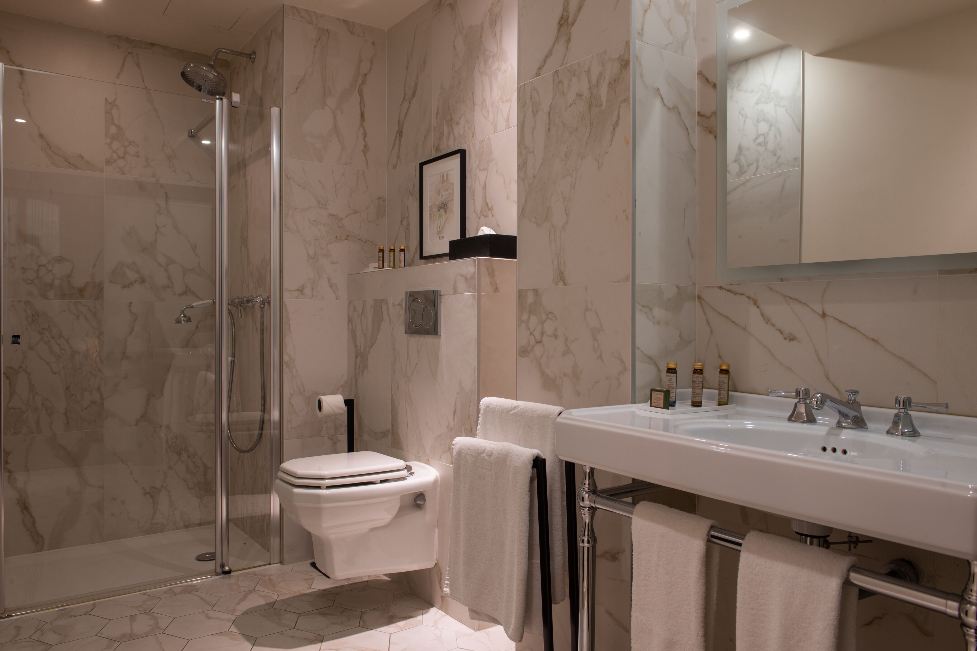 shower, free toiletries, hair dryer, towels