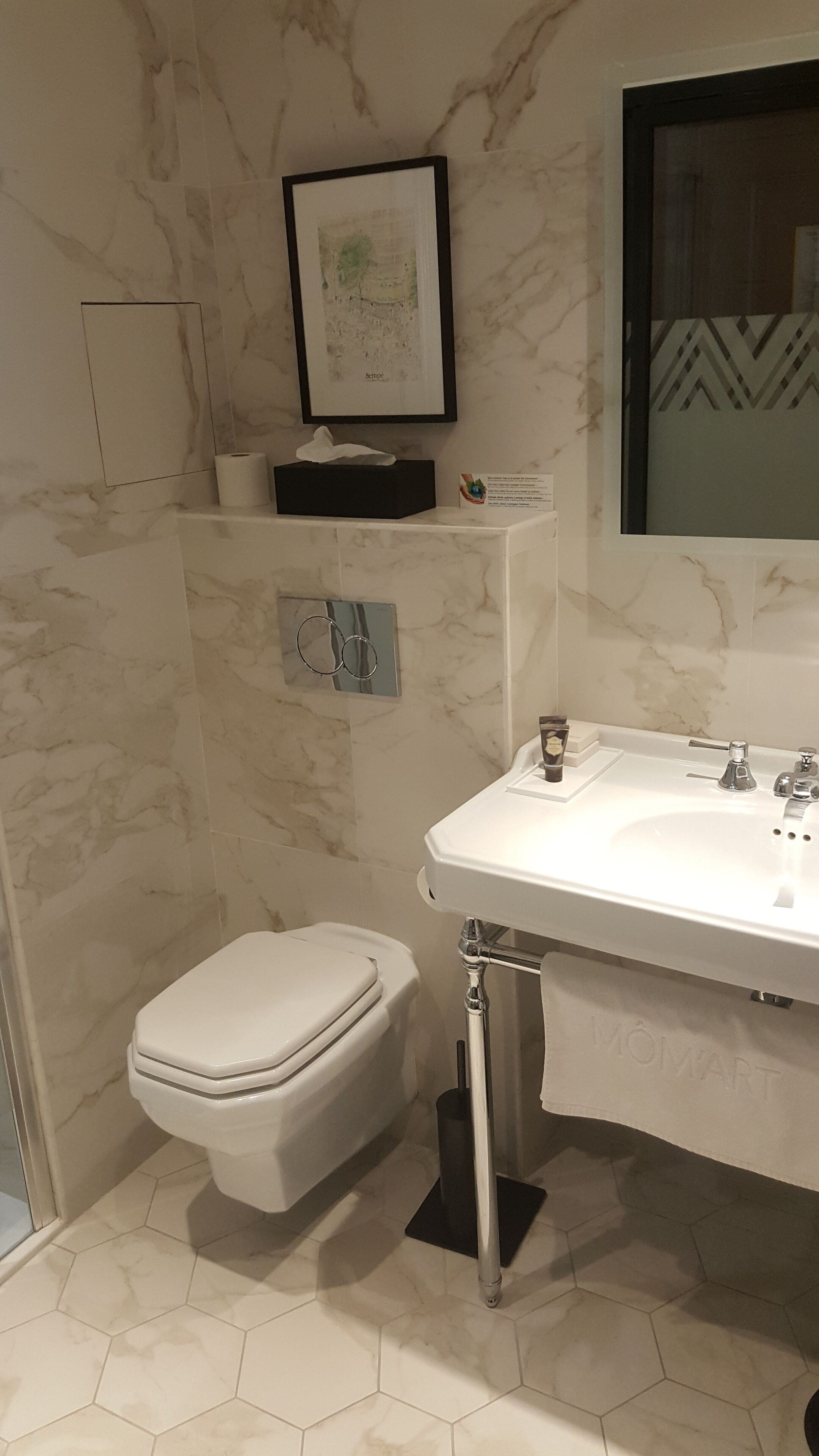A bathroom with a toilet, sink, and a framed map on the wall.