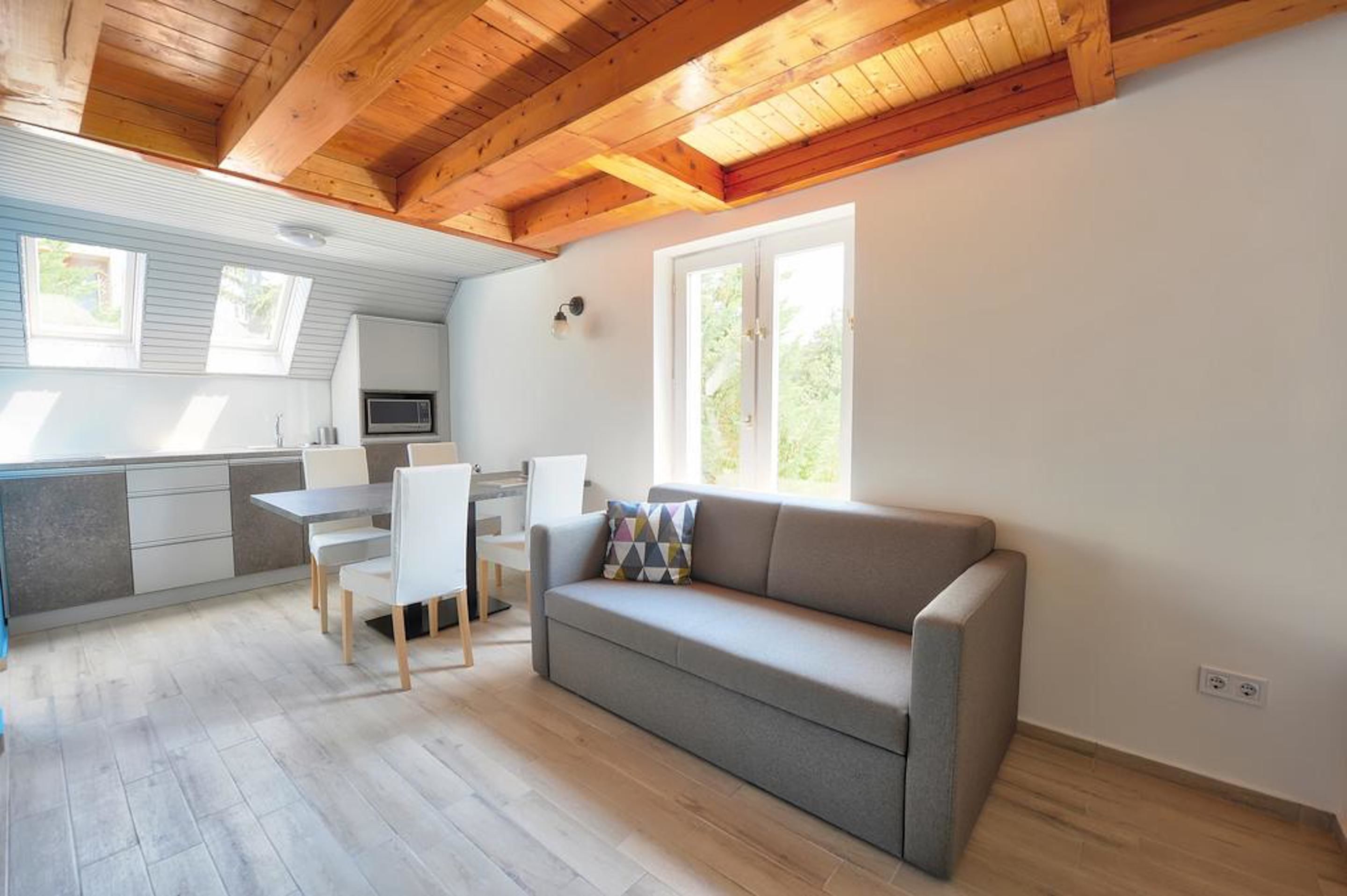 A modern apartment with a kitchen, dining area, and a living room with a sofa.