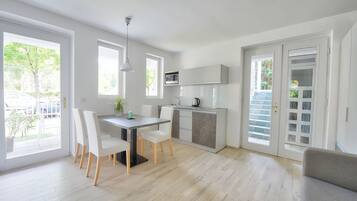 Premium appartement, 1 slaapkamer, terras | Privékitchenette | Een koelkast, een microgolfoven, een kookplaat, een waterkoker