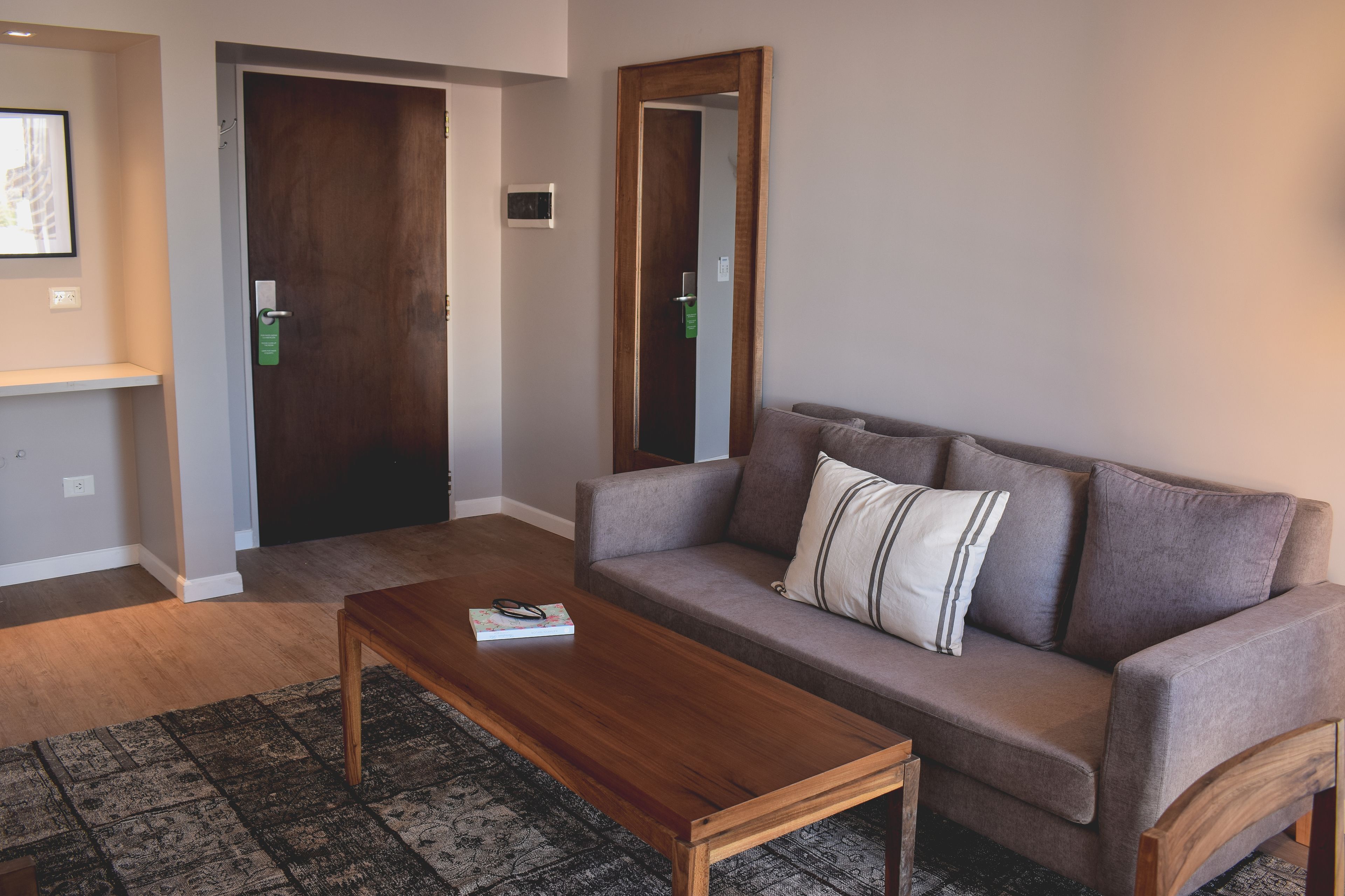 A living room with a wooden coffee table, a grey sofa with striped pillows, a patterned rug, and a wooden door.