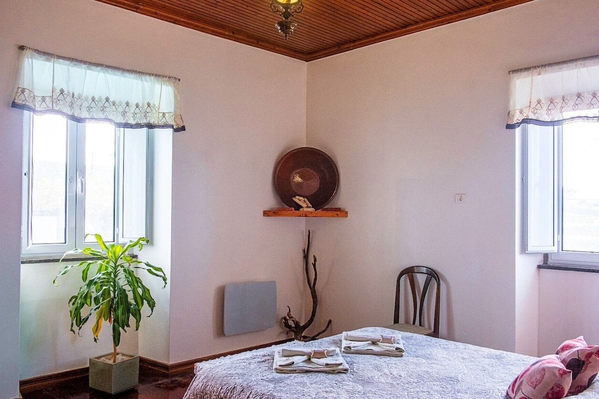 Een kamer met een bed, een stoel, een potplant, een wandplank met een bord en een raam met gordijn.