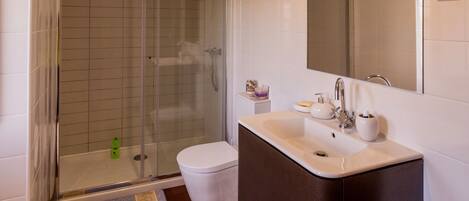 A modern bathroom with a glass shower enclosure, a white sink, and a large mirror.