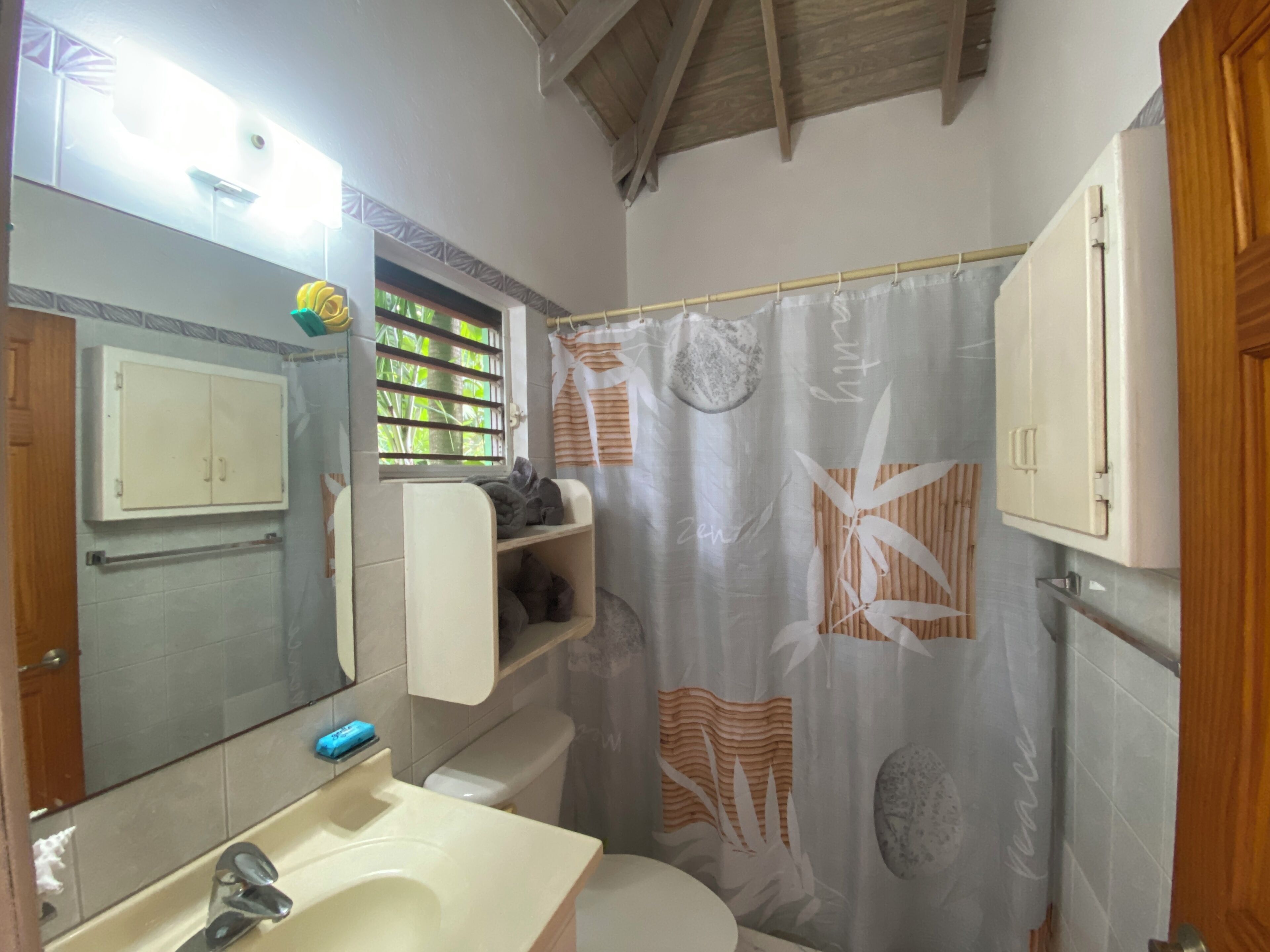 Une salle de bain avec un lavabo, un miroir et des toilettes. Il y a un rideau de douche orné d’un motif de feuilles.