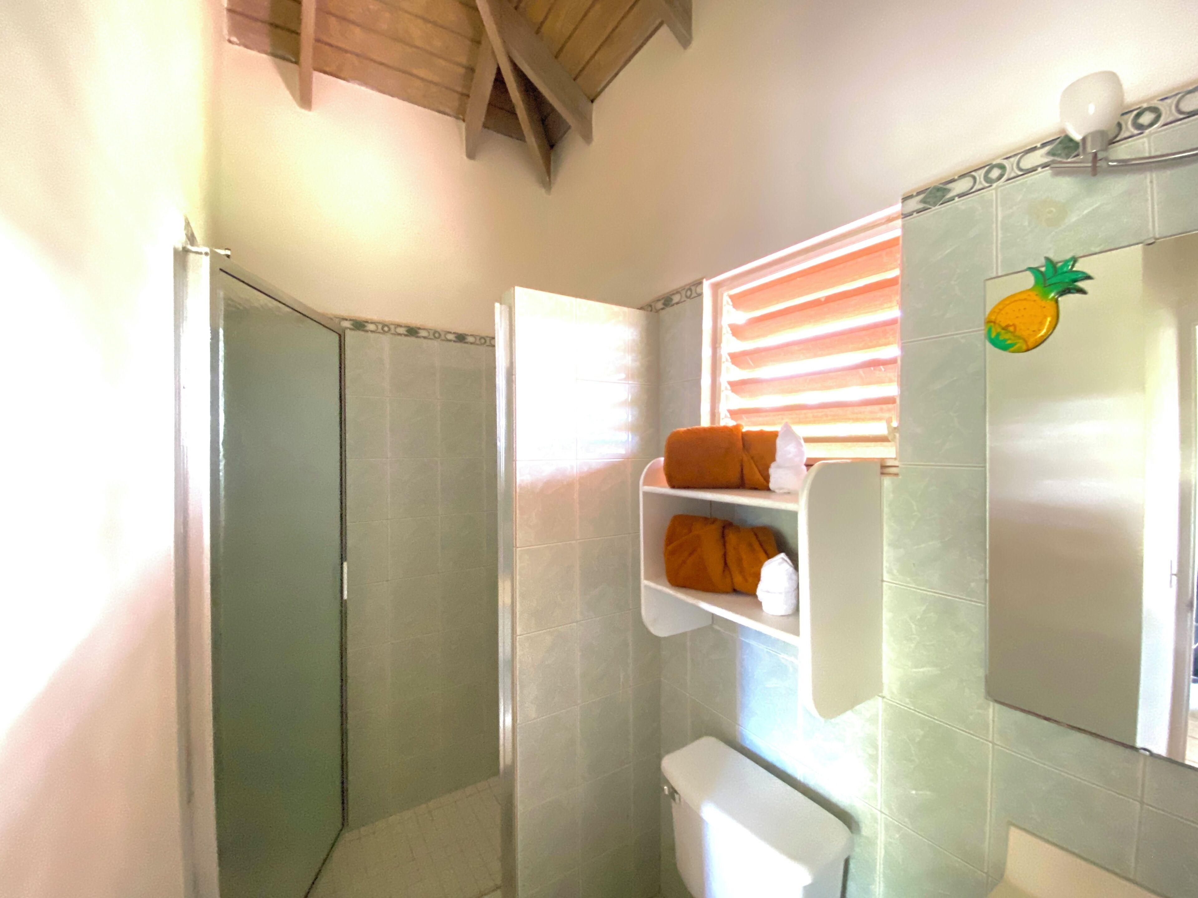 Un baño con ducha envuelta en vidrio, inodoro y estante con toallas.