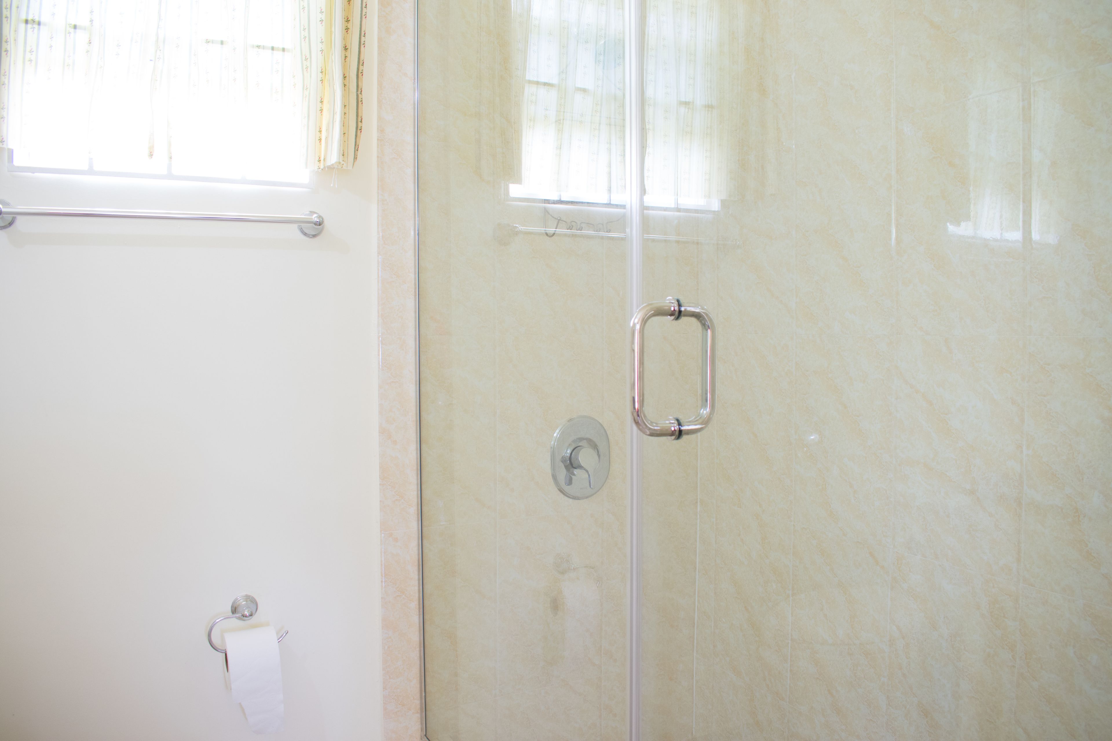 A bathroom with a toilet paper holder, a towel rack, and a glass shower door.