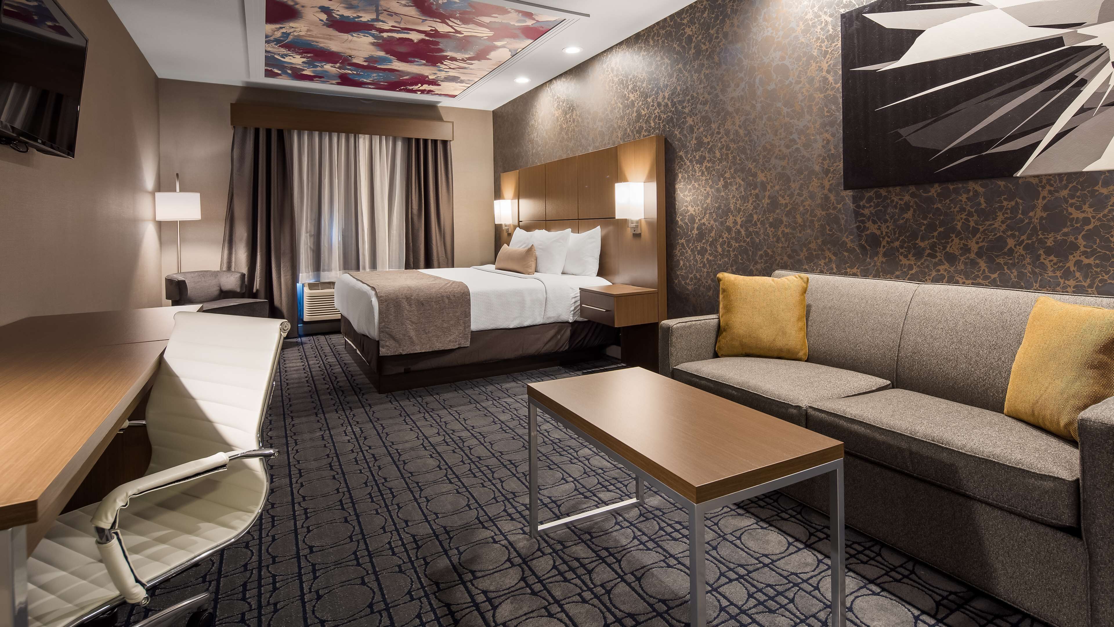 pillow-top beds, desk, blackout curtains, soundproofing