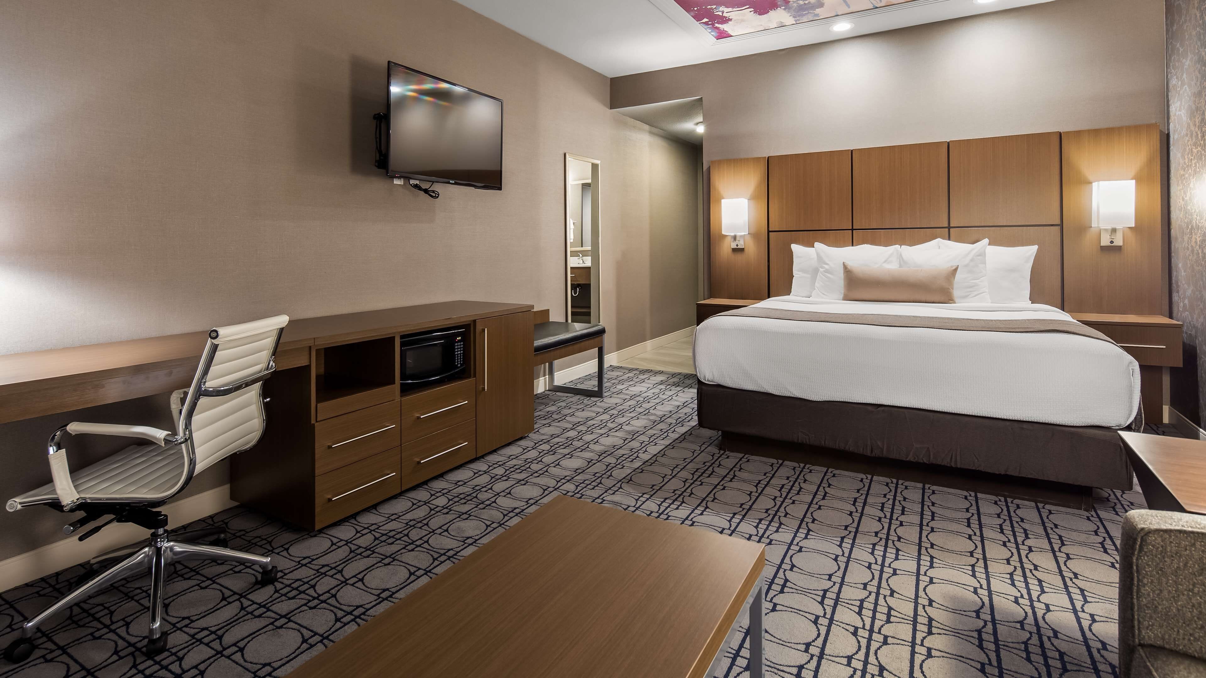 pillow-top beds, desk, blackout curtains, soundproofing