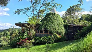 Uma casa com telhado cónico coberto de vegetação, rodeada por vegetação exuberante e céu azul límpido.