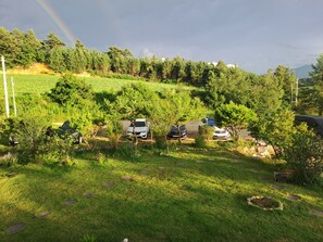 A grassy area with parked cars and trees, a clear sky, and a distant mountain.