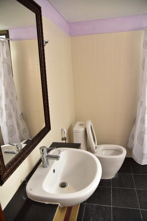 Combined shower/tub, deep soaking tub, free toiletries, towels