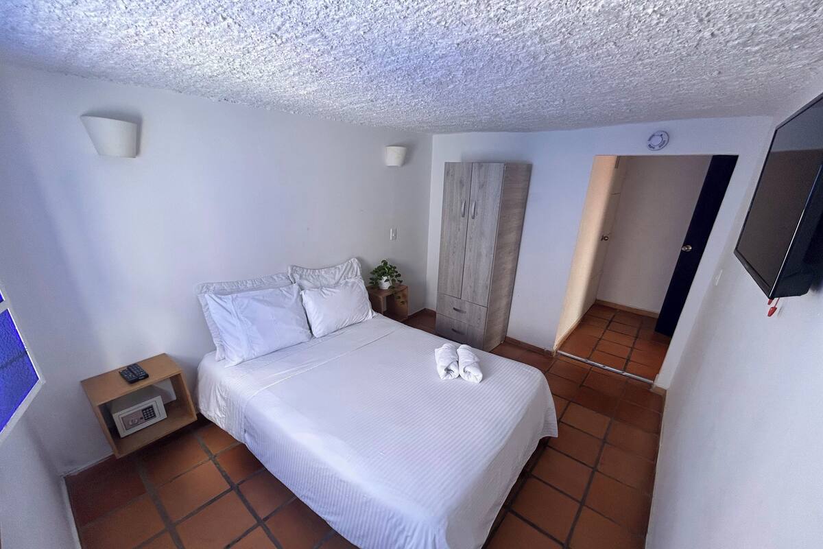 Un dormitorio con cama, mesita de noche, armario, planta en maceta y televisor.