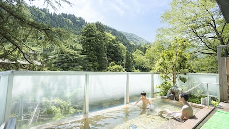 A hot spring area with a view of a forested mountain.