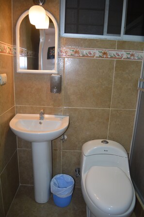 Habitación estándar doble, 1 habitación, cocina básica, en una planta alta | Baño | Ducha, artículos de higiene personal gratuitos y toallas