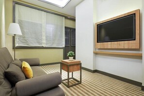 Une chambre d’hôtel moderne avec un canapé, une petite table d’appoint agrémentée d’une plante, un grand téléviseur à écran plat fixé au mur et une fenêtre avec des rideaux légers.