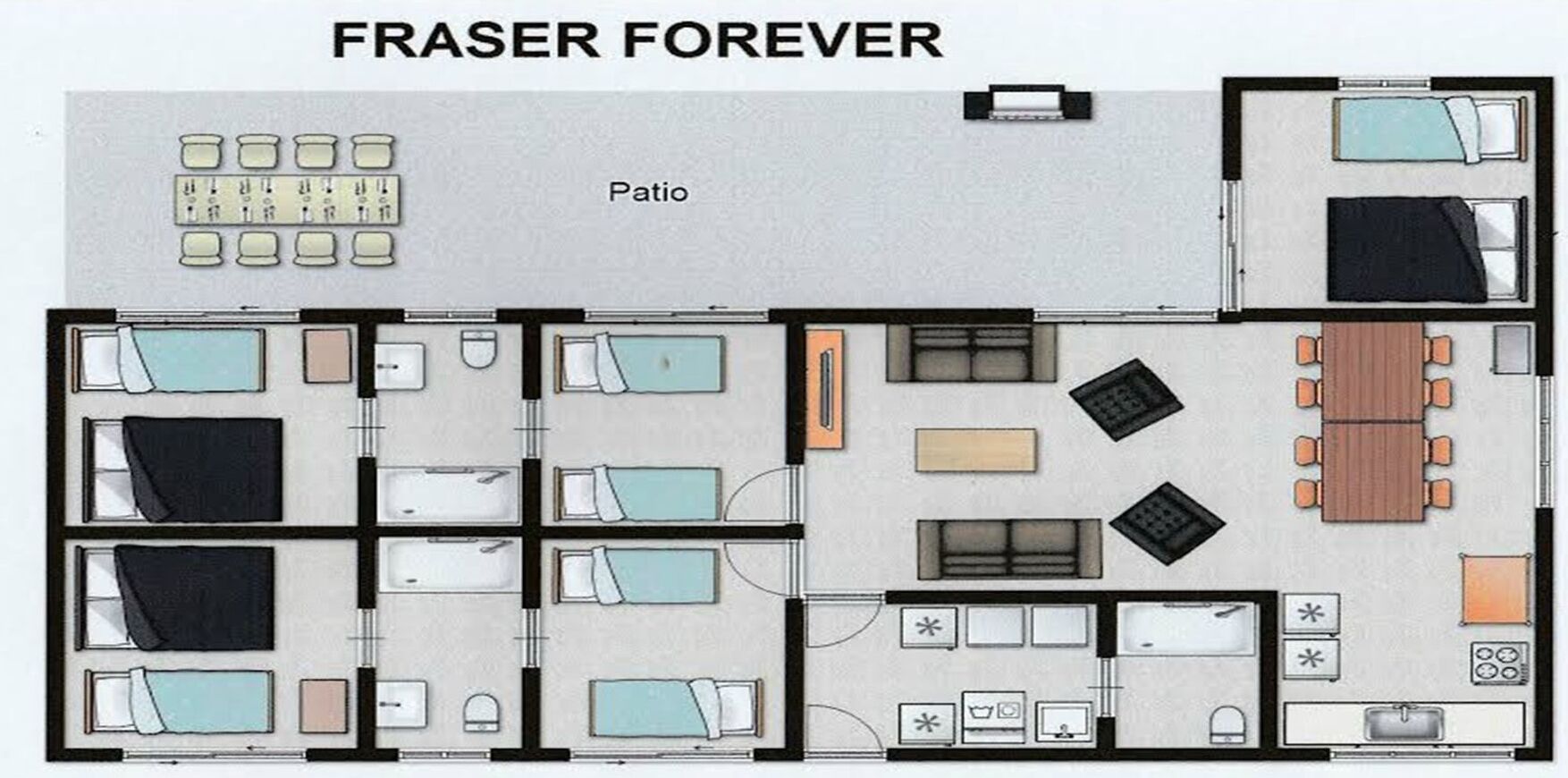 A floor plan of a hotel named Fraser Forever, featuring multiple bedrooms, a patio area, a dining area, and a kitchen.