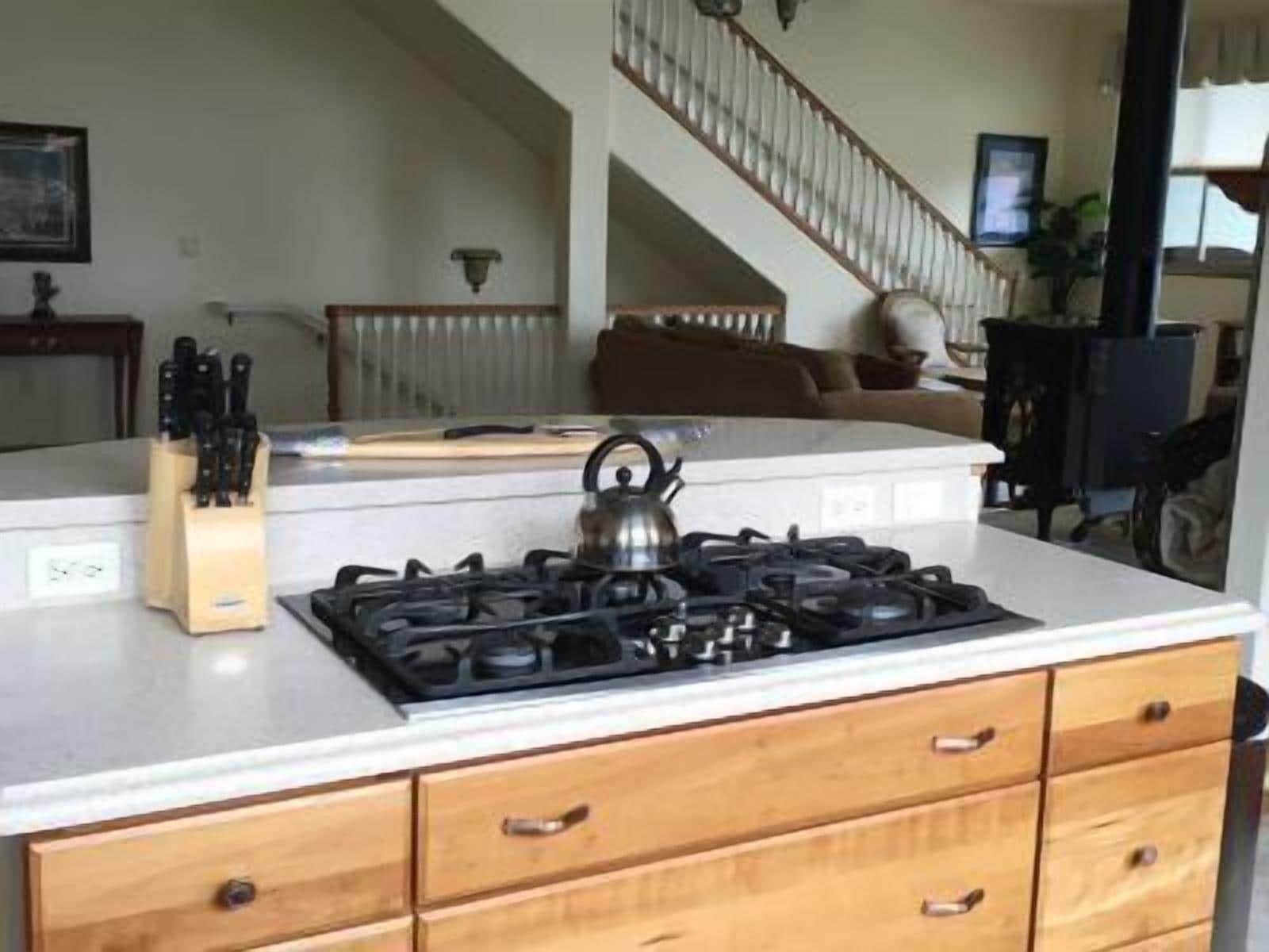 A kitchen with a gas stove, wooden cabinets, and a countertop.