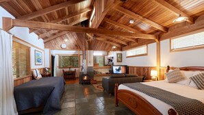 A cozy room with a large bed, a smaller bed, a sofa, and a fireplace. - Sharlynn by the River (Malanda)