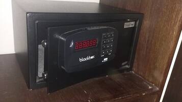 A black safe with a digital display and keypad, labeled "blackbox."