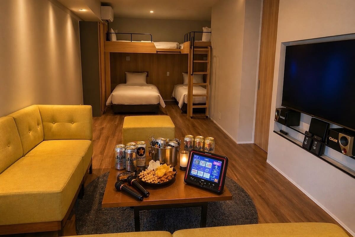 A hotel room with a sofa, bunk beds, a TV, a table with snacks and drinks, and a digital device.