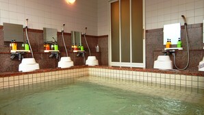 A spa bathroom with multiple sinks, mirrors, and a large window. - Tourist MINOWA (Ueda)