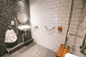 Hair dryer, towels, soap, shampoo