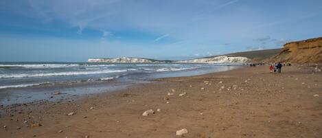 A beach with white cliffs in the background, a sandy shore, and a group of people walking.