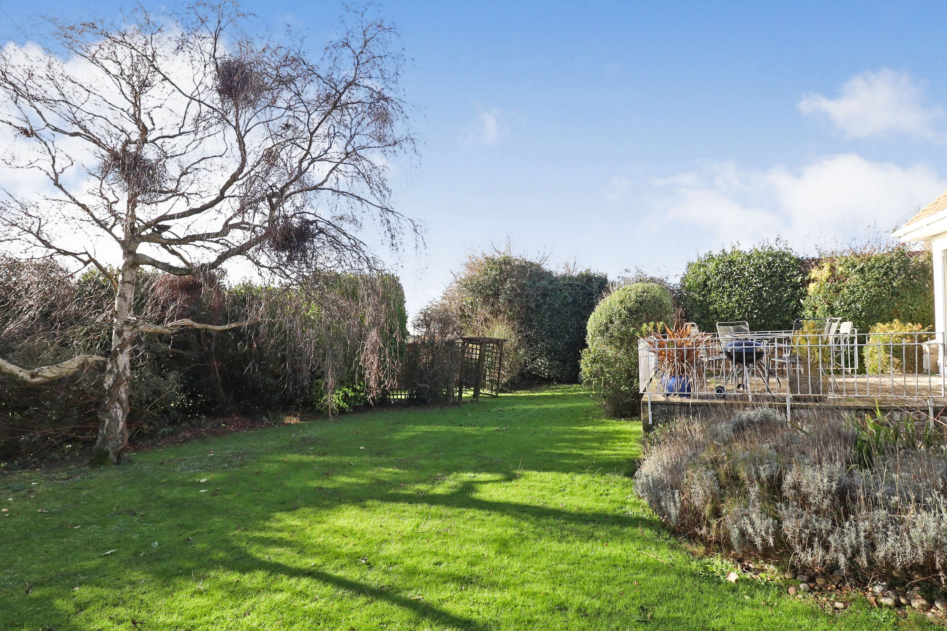 Un jardín bien cuidado con césped, un árbol y una zona vallada con mobiliario de exterior.