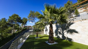 Un jardin aménagé avec des palmiers, un chemin pavé et un mur en pierre.
