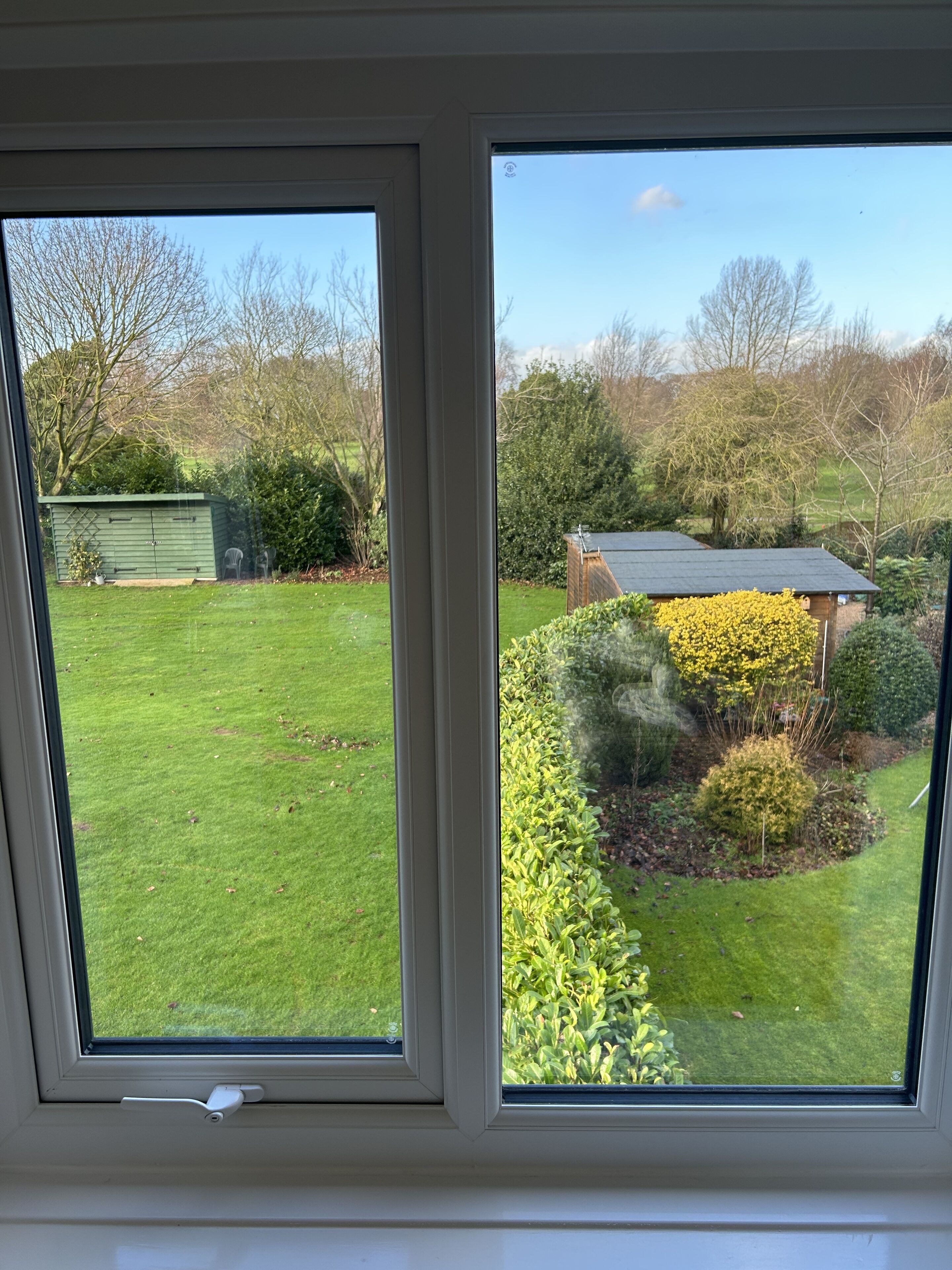 A view through a window of a well-maintained garden with a lawn, various shrubs, and a small shed.