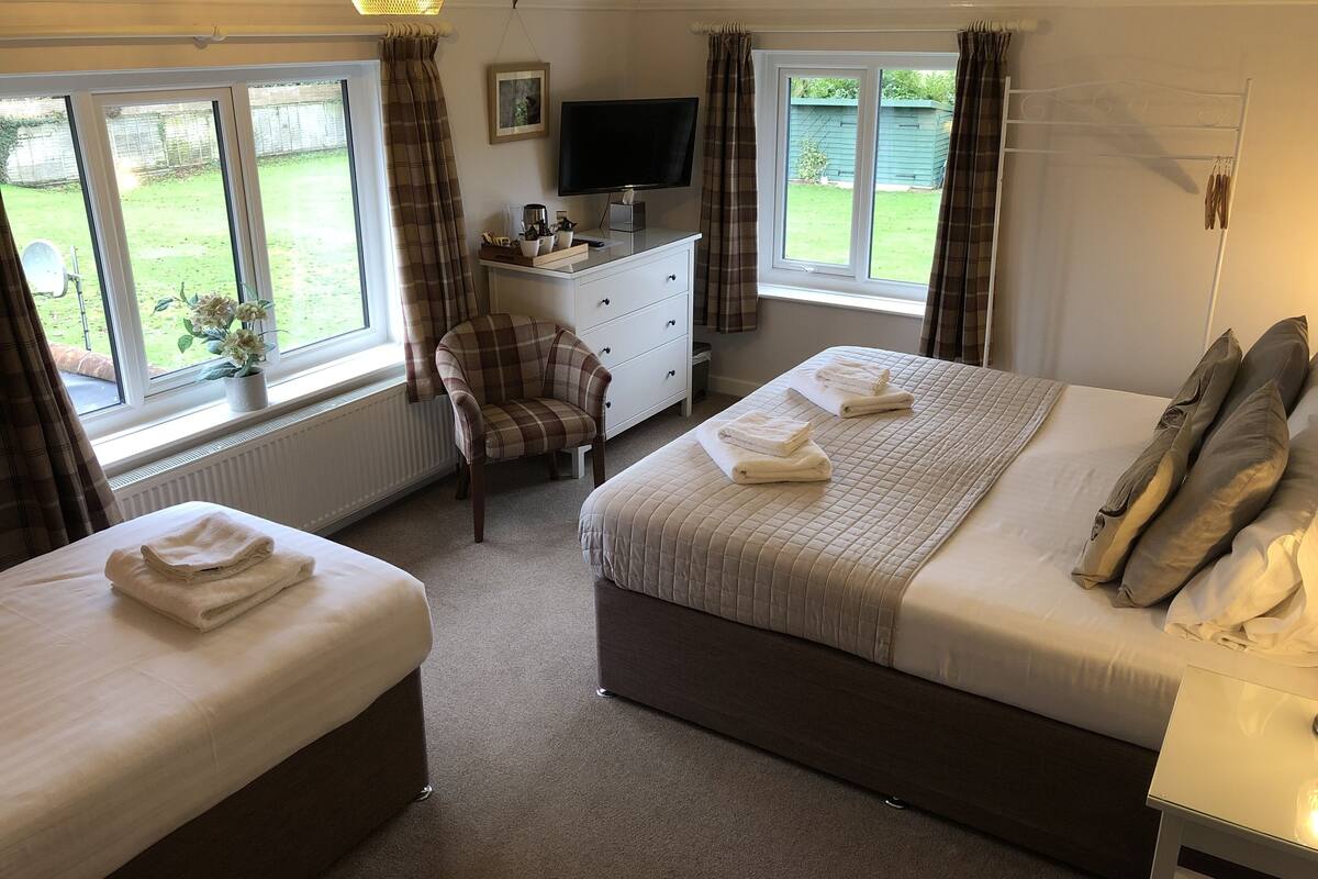 A bedroom with a large bed, a smaller bed, a desk, a chair, and a TV.