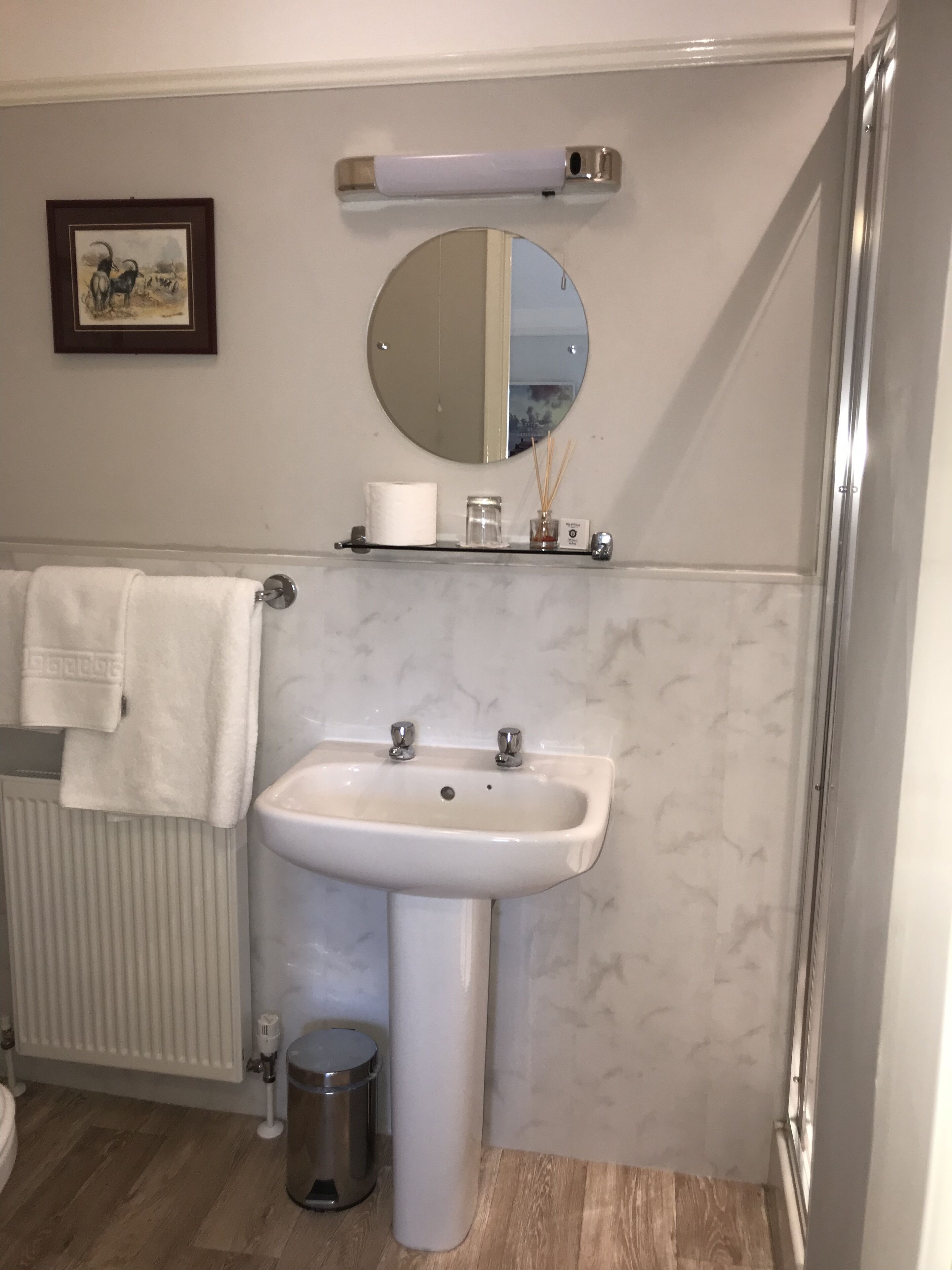 A bathroom with a white sink, mirror, and towel rack.