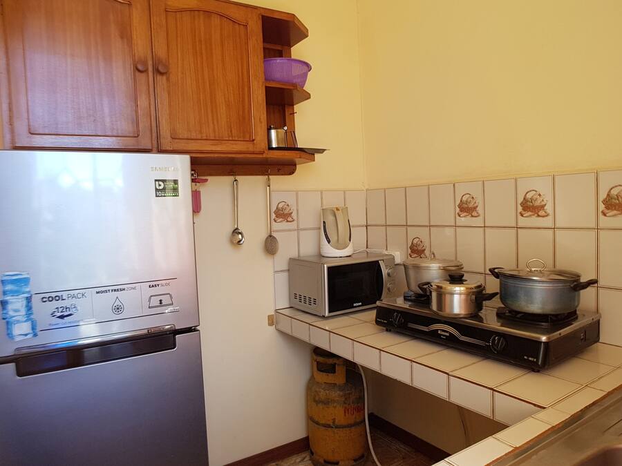 Cozinha equipada com geladeira, micro-ondas, fogão e painel de azulejos.