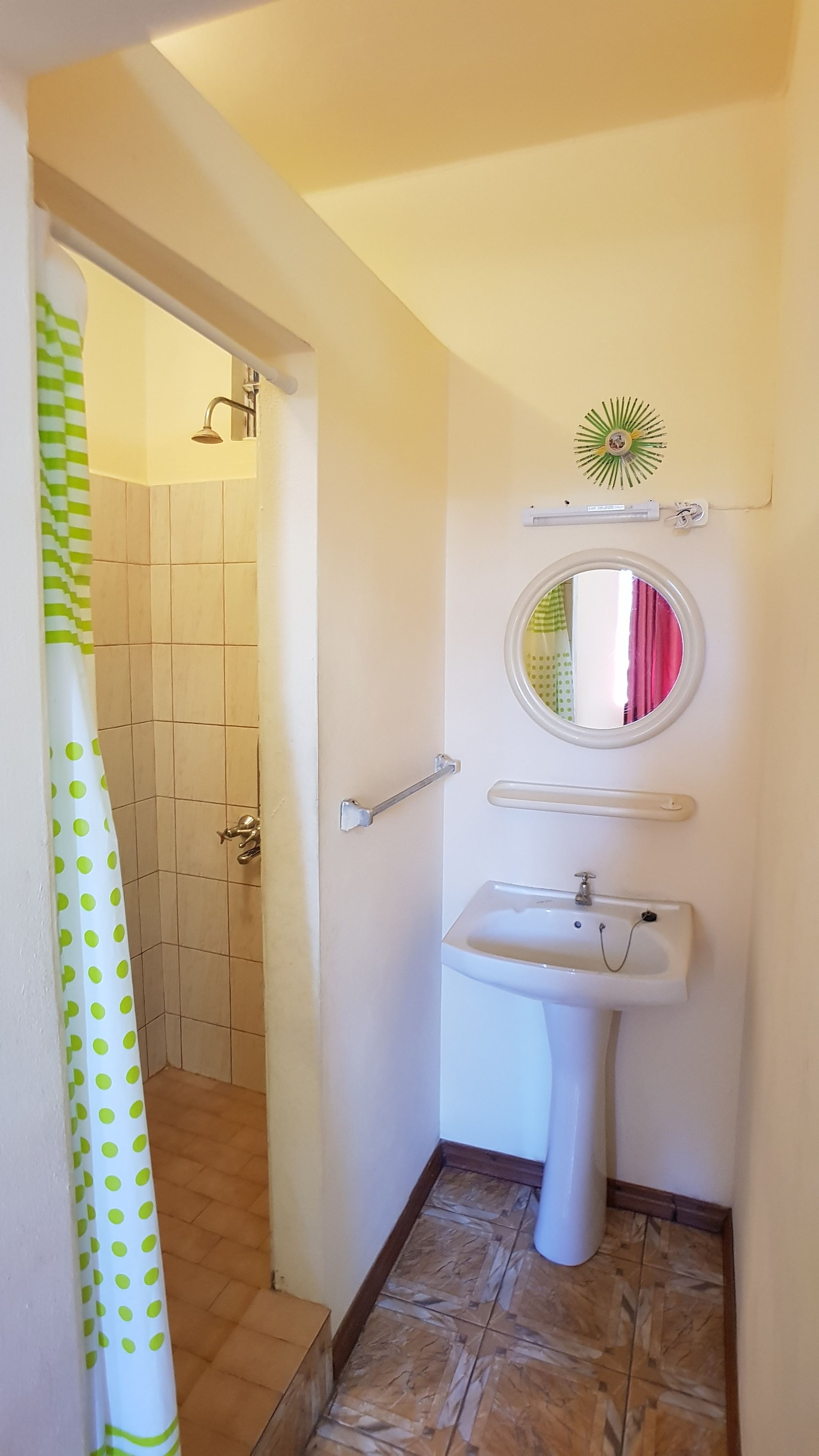 Un baño con ducha, lavabo y espejo.