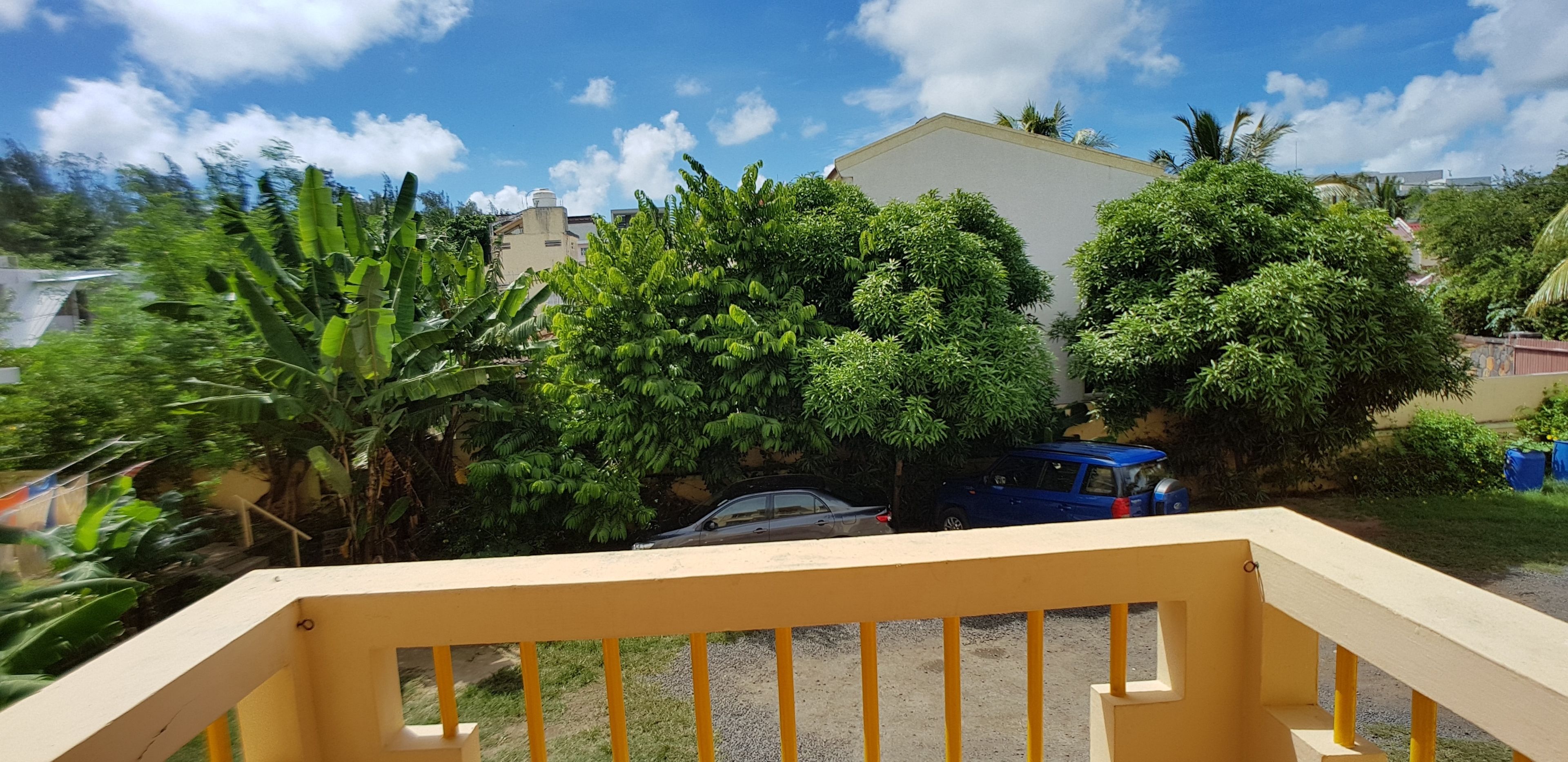 A balcony with a view of parked cars and lush greenery.