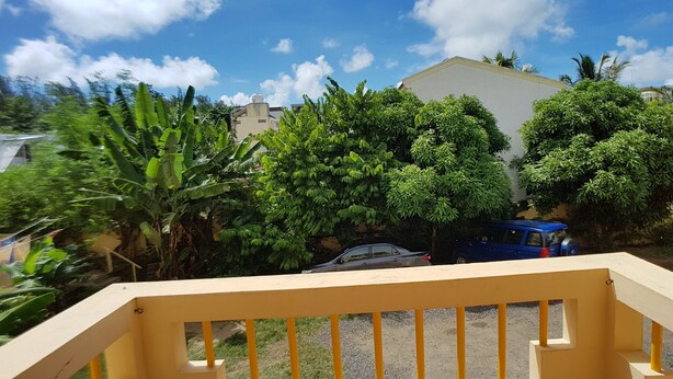Un balcón con vistas a coches aparcados y exuberante vegetación.