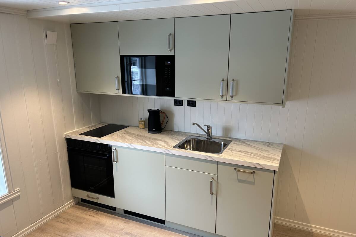 A compact kitchen with a built-in microwave, a sink, and a dishwasher.