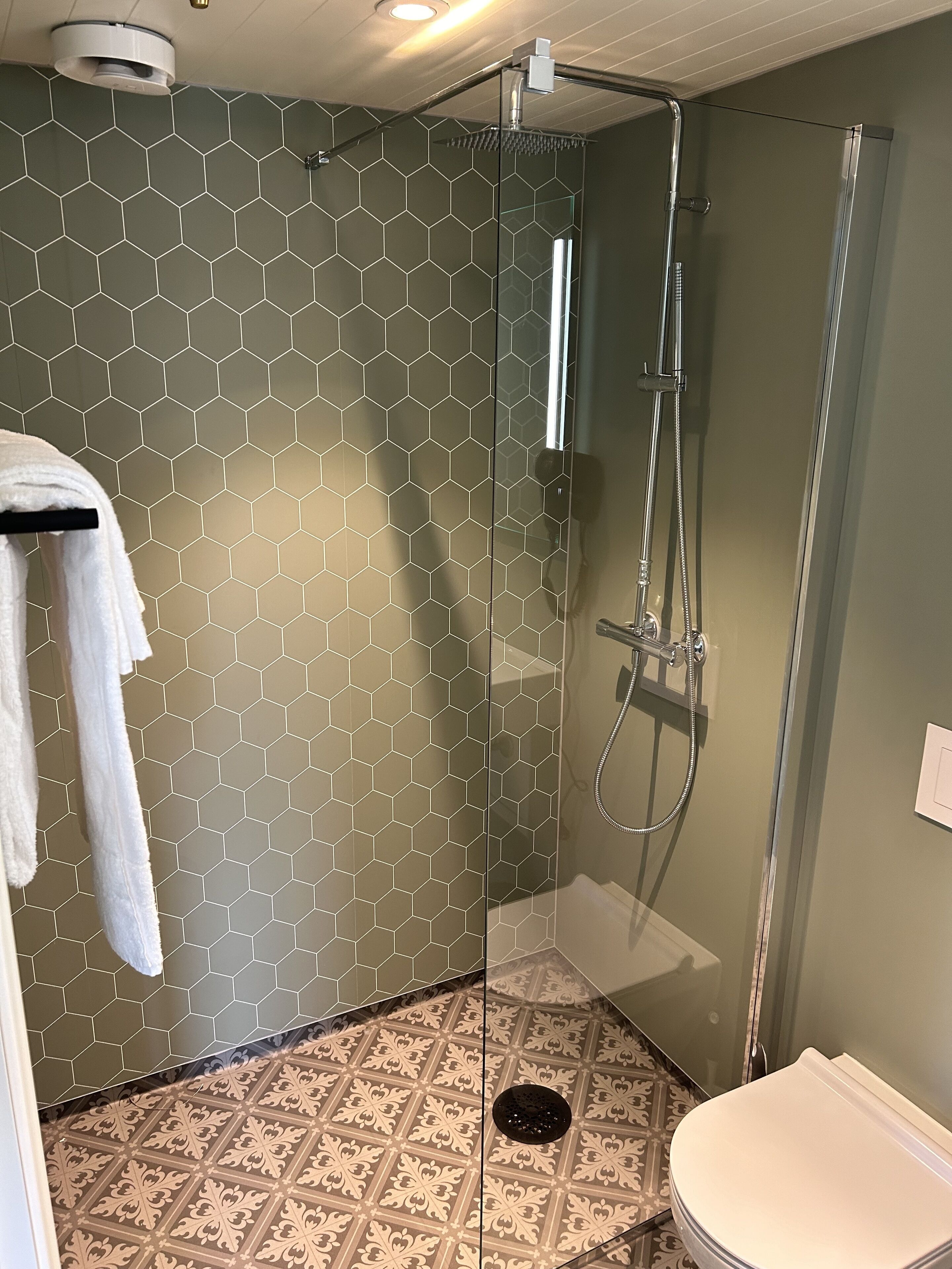 Un baño moderno con ducha de mampara de vidrio, inodoro y barra para toallas.