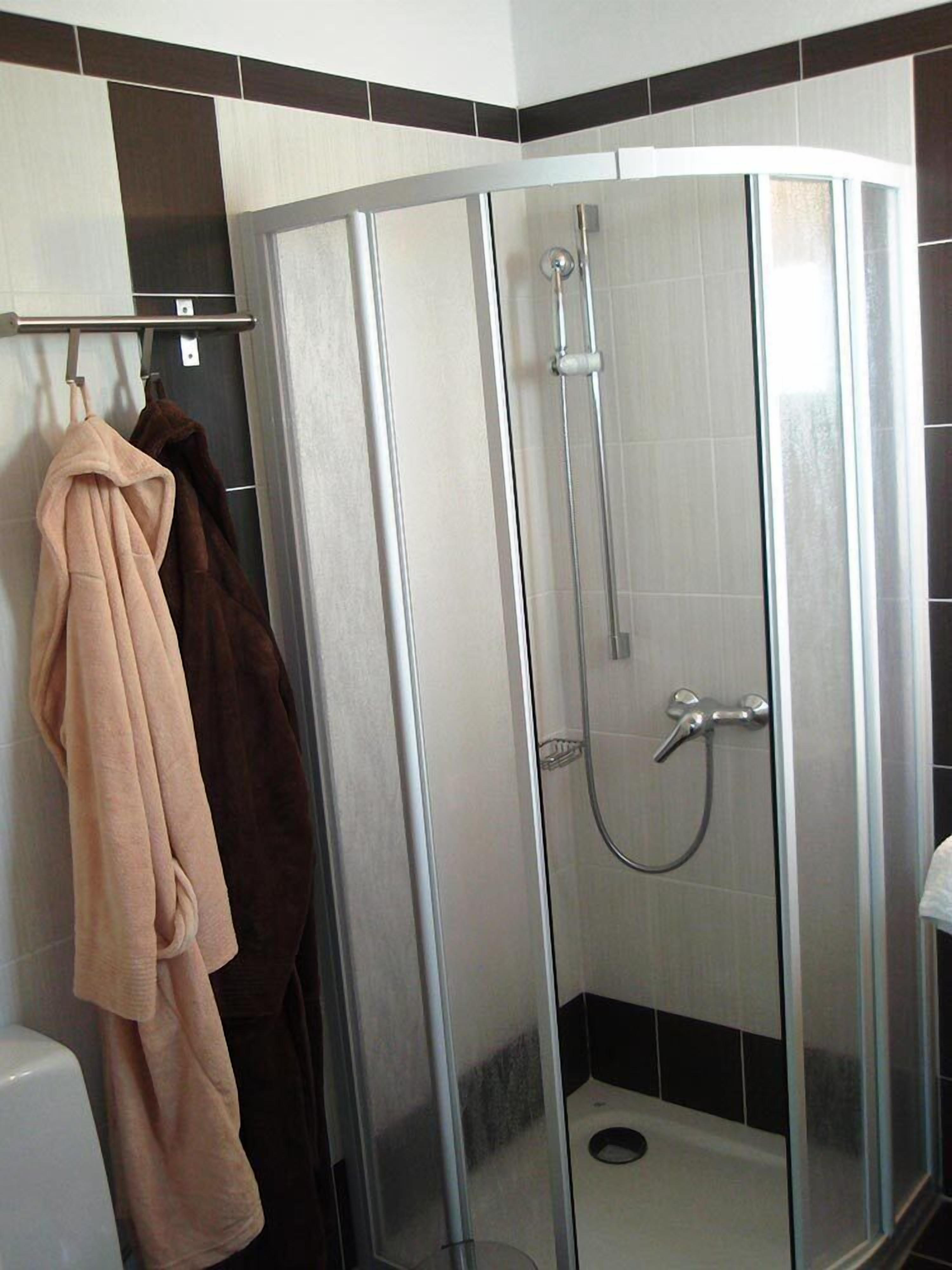 A glass-enclosed shower stall with a handheld showerhead, a towel rack with two towels, and a toilet visible through the glass.